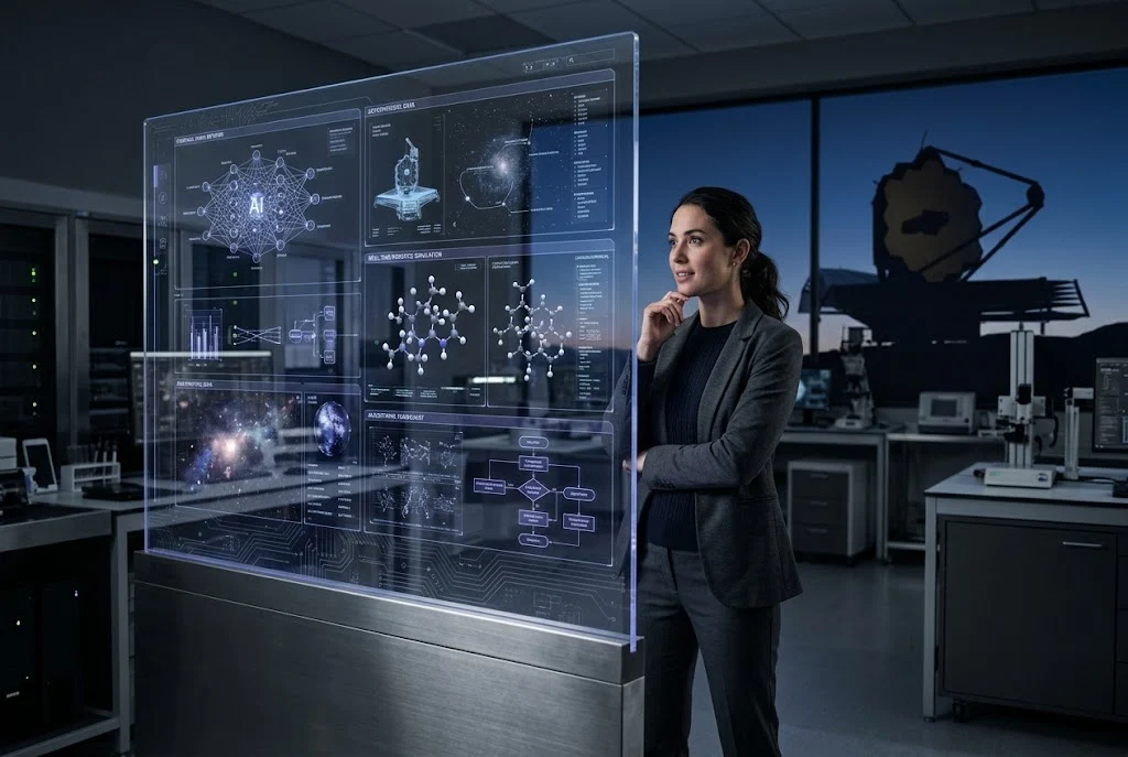 A person observing advanced digital technology inside a modern research laboratory