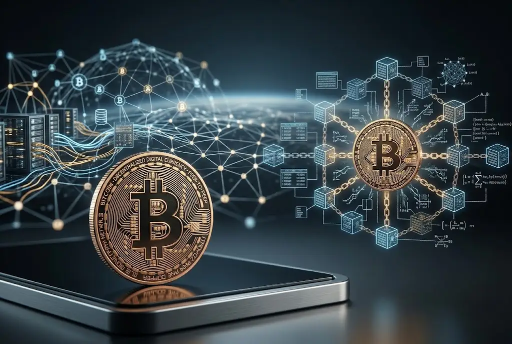 Bitcoin coin in front of a decentralized digital network representing cryptocurrency technology