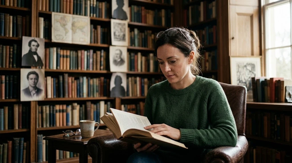 Thoughtful reader analyzing fictional characters while reading a novel in a library