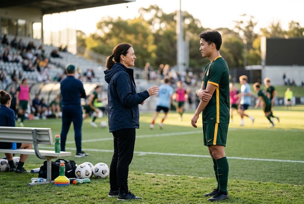 Coach talking with an athlete on the sidelines during sports practice