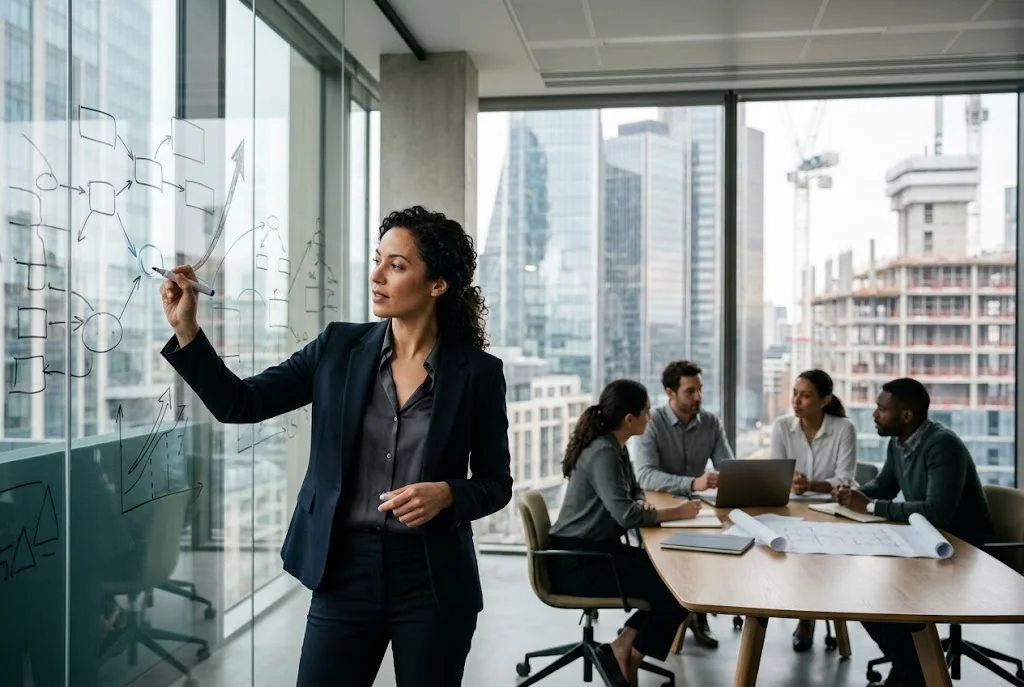 Business leader planning future growth with a team in a modern office