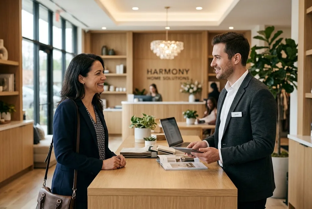 Satisfied customer speaking with a business representative during a positive service experience