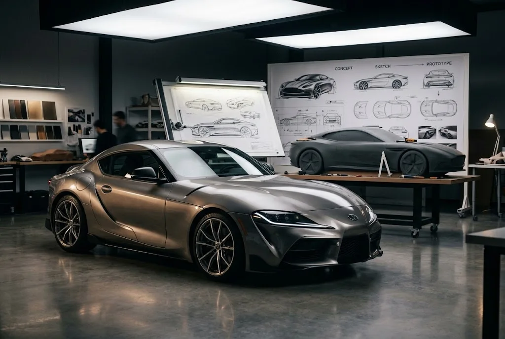 A modern sports car displayed in an automotive design studio beside vehicle design sketches