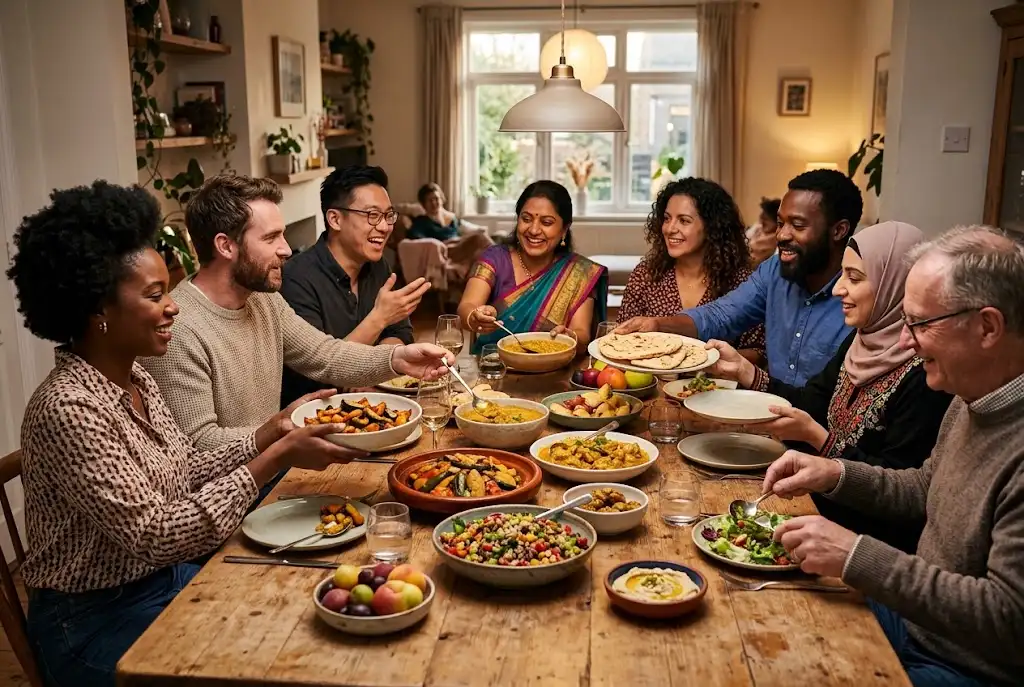 Diverse group of people sharing food and conversation around a dining table