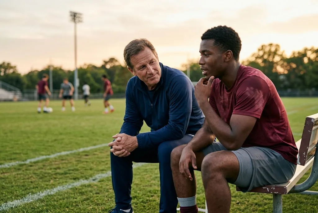 Coach having a meaningful conversation with an athlete after sports practice