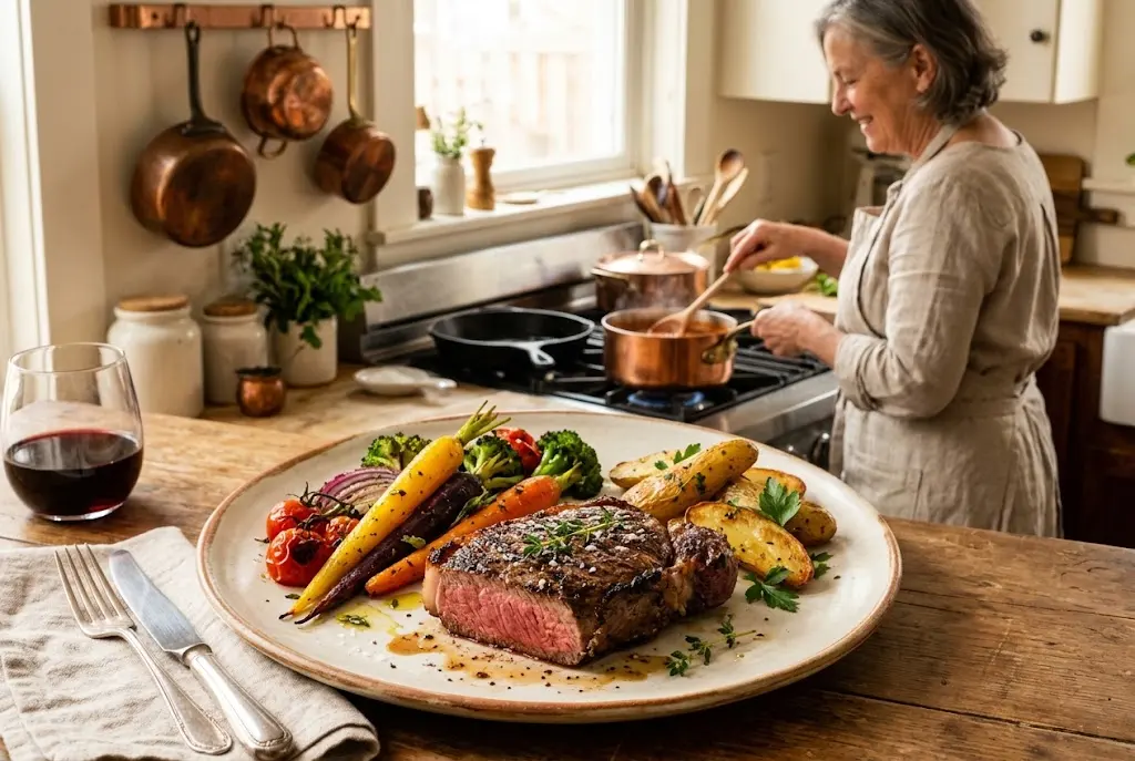 Grilled steak with roasted vegetables prepared in a home kitchen