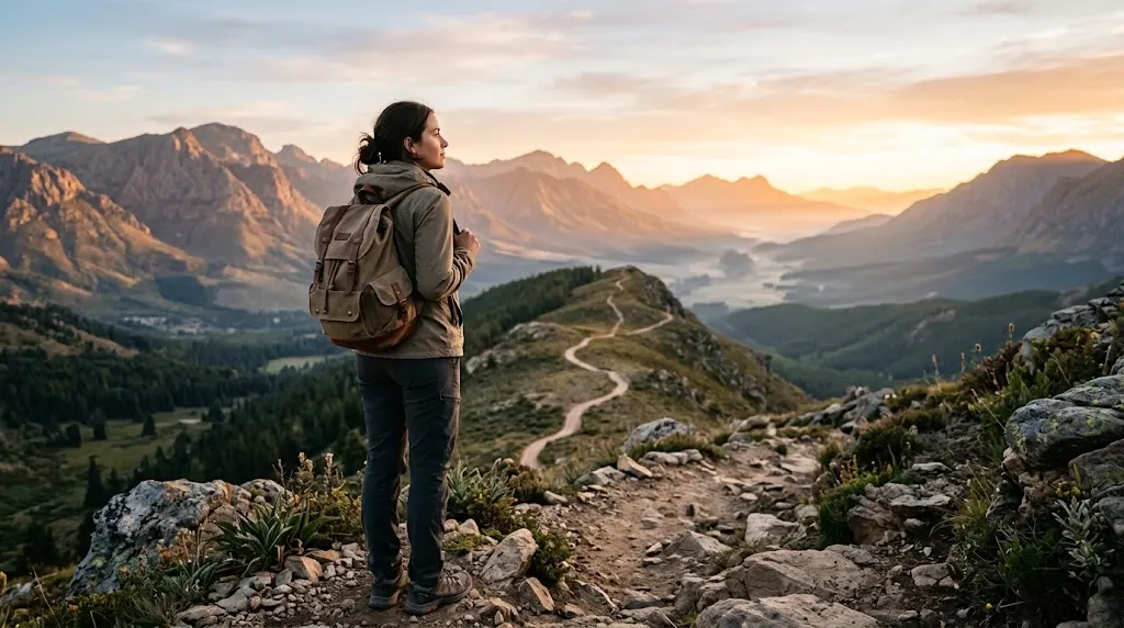 Person standing on a mountain trail at sunrise looking toward the landscape