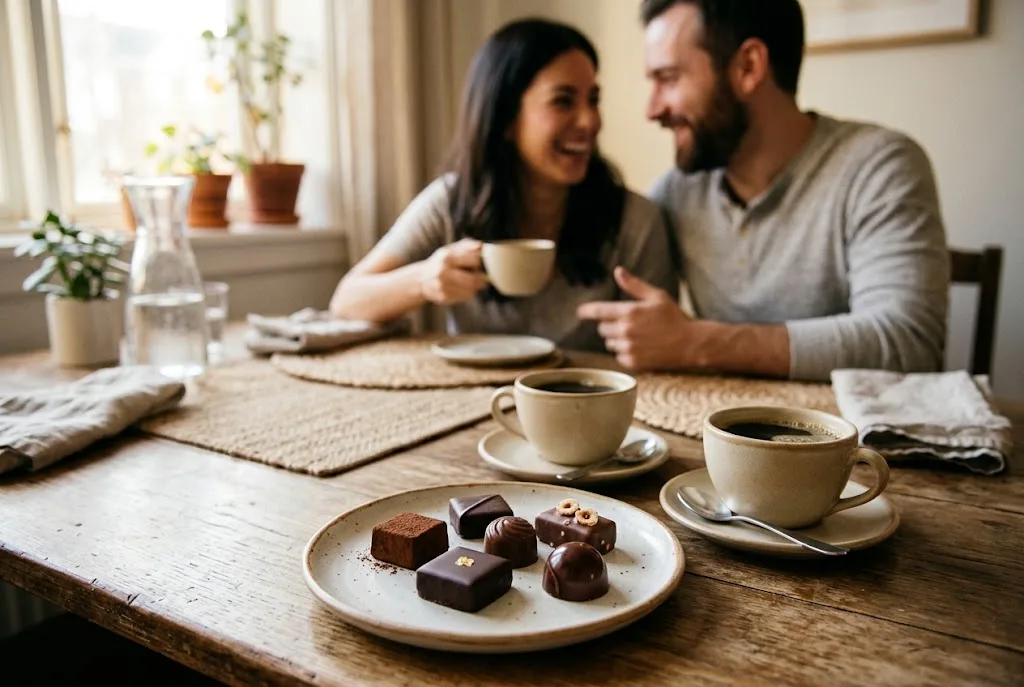Chocolate pieces served on a table while two people share a warm moment together