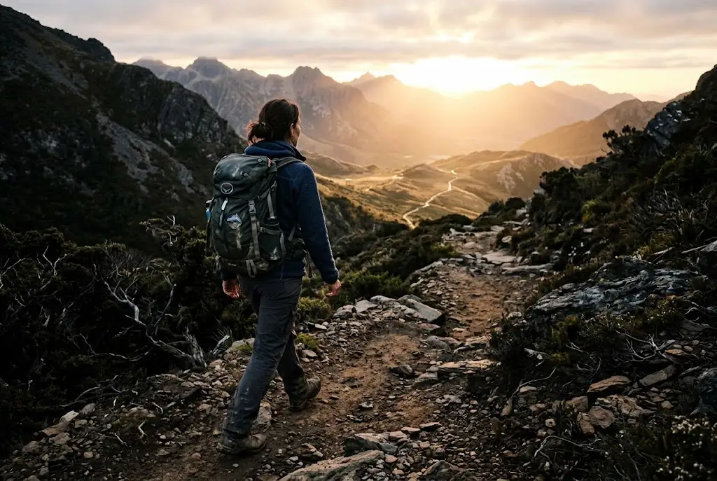 Person walking toward sunrise on a rugged mountain trail after a difficult climb