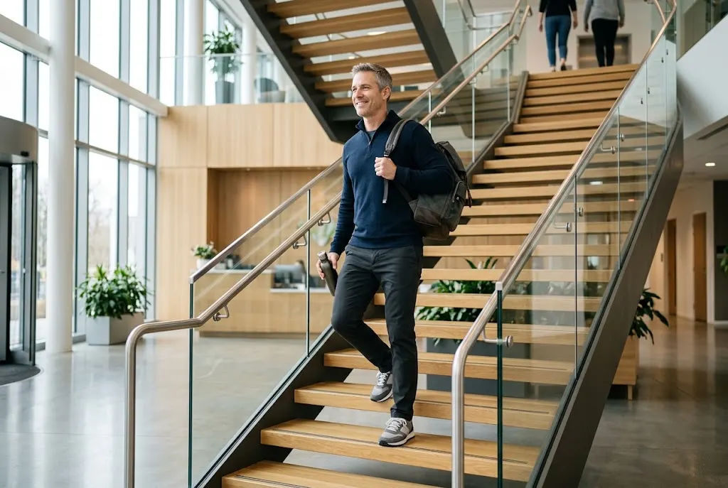 Fit middle-aged man walking up a modern staircase as part of his daily physical activity