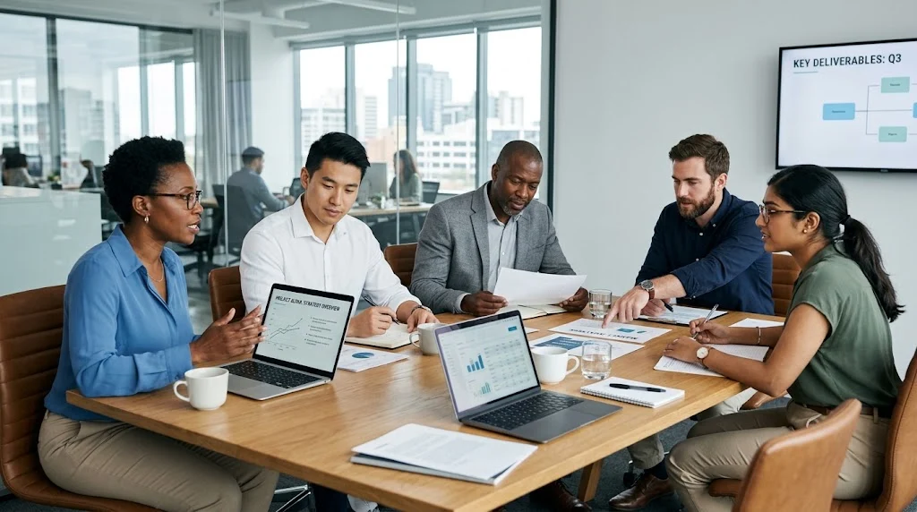 Business professionals collaborating around a conference table during a team meeting