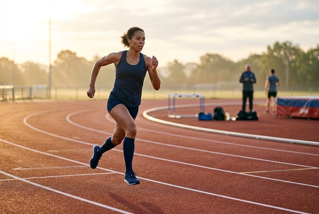 Athlete running on a track during an early morning training session