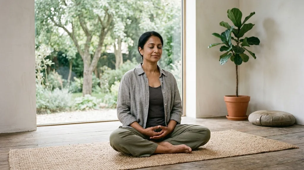 Person meditating quietly on a yoga mat in a peaceful setting