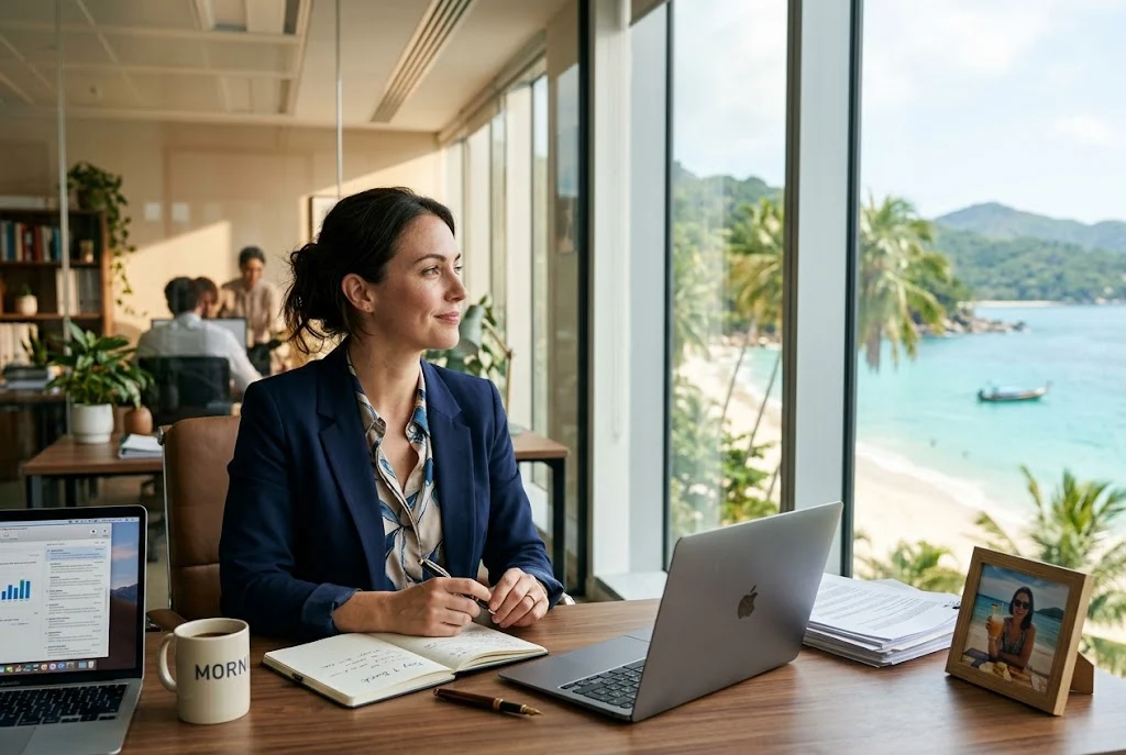 Office worker looking toward a tropical beach while thinking about a vacation