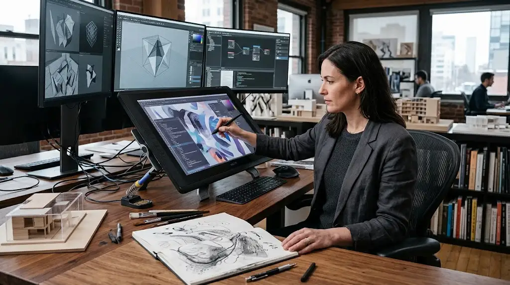 Artist or designer working with digital technology in a creative studio