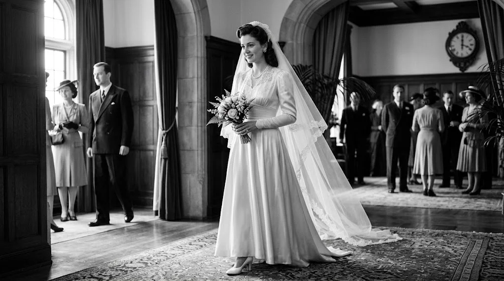Bride wearing an elegant 1940s-inspired wedding dress with long sleeves and a veil