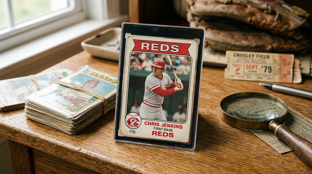 Vintage baseball trading card displayed beside a protective sleeve and card-collecting accessories.