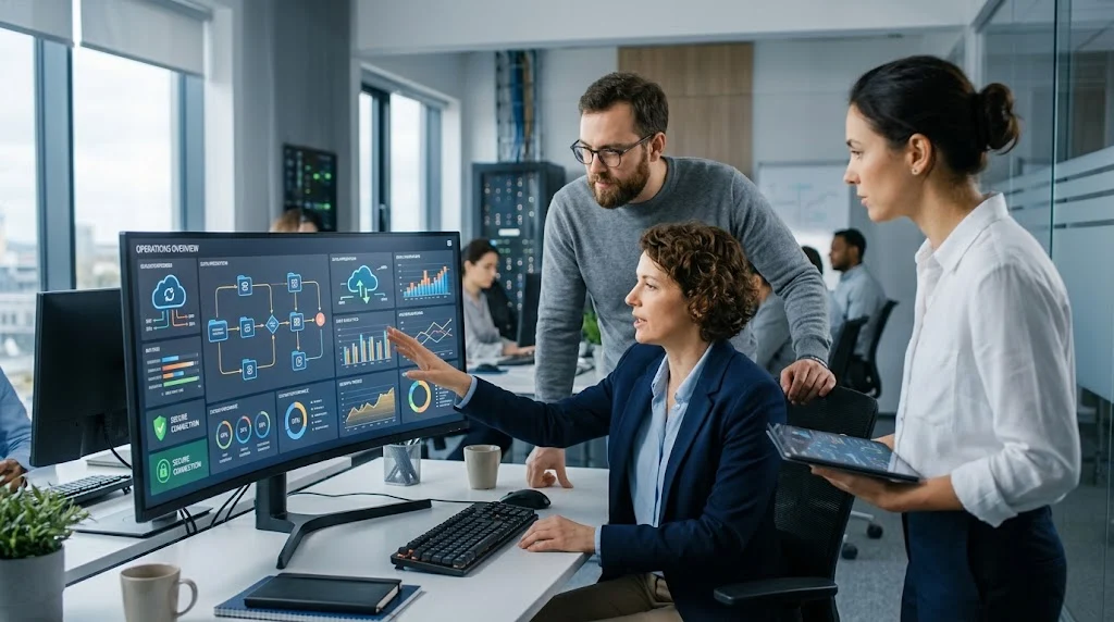 Business professionals reviewing connected software systems and analytics dashboards