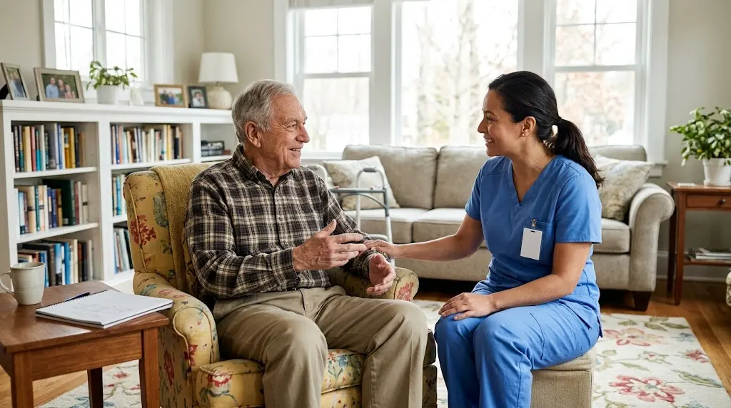 Caregiver providing home care support to an older adult
