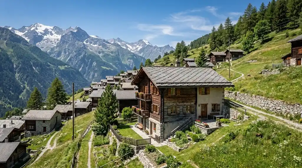 Traditional Alpine property in Albinen Switzerland surrounded by mountain scenery