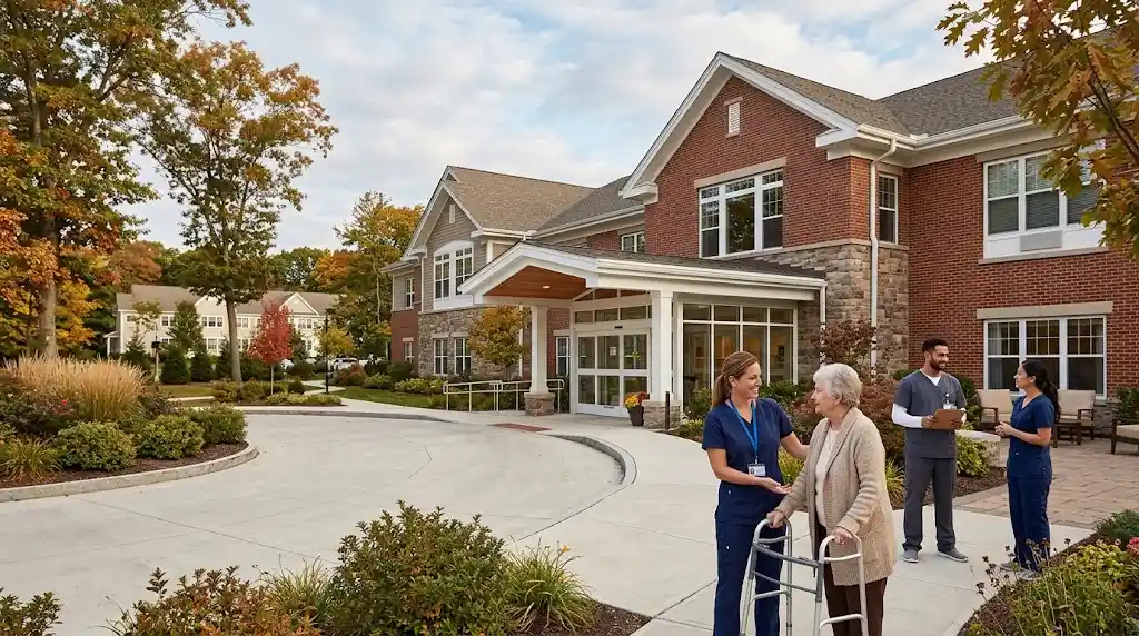 Skilled nursing and rehabilitation facility with landscaped grounds and healthcare professionals assisting a resident