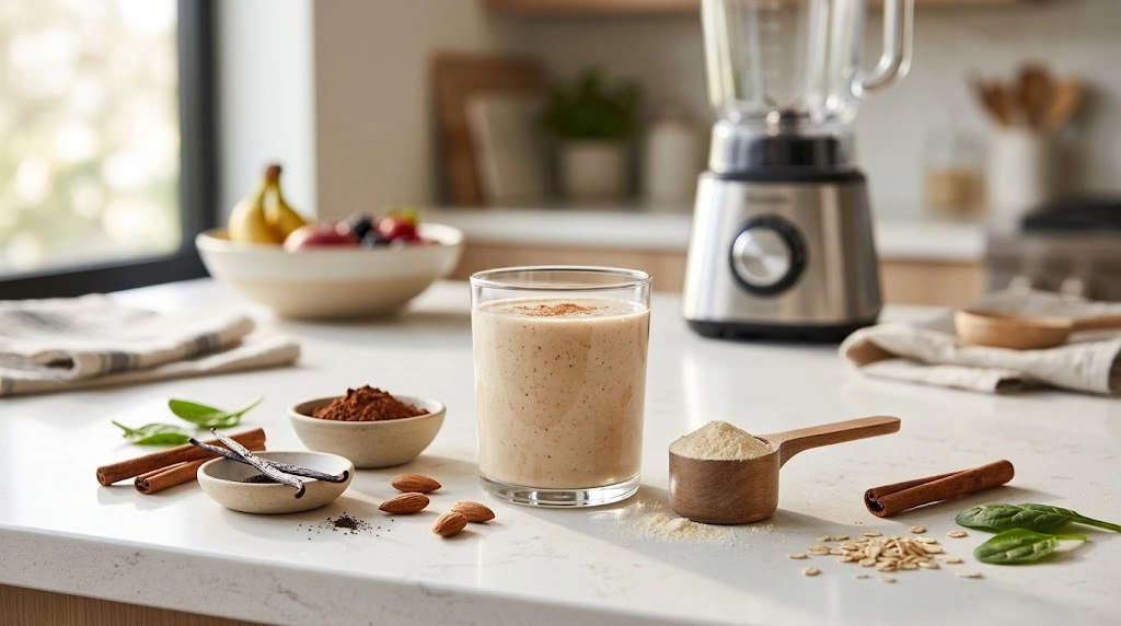 Creamy protein shake with protein powder and natural flavor ingredients on a kitchen counter