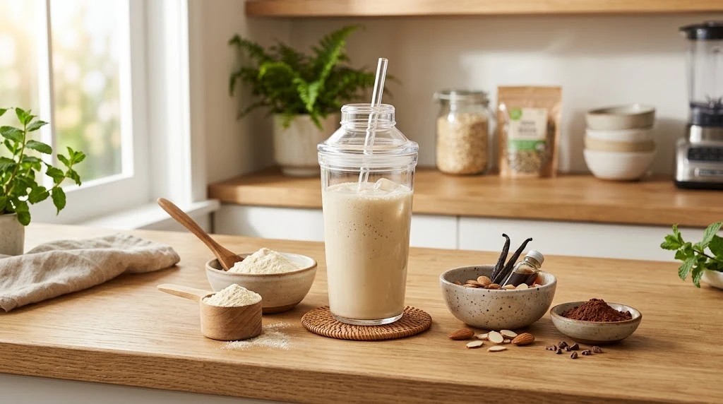 Creamy protein shake with a scoop of powder and natural ingredients on a kitchen counter