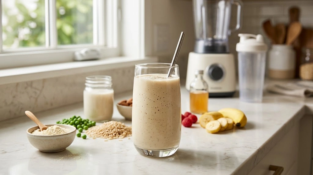 Protein shake with vanilla and plant-based ingredients prepared for a healthy daily routine