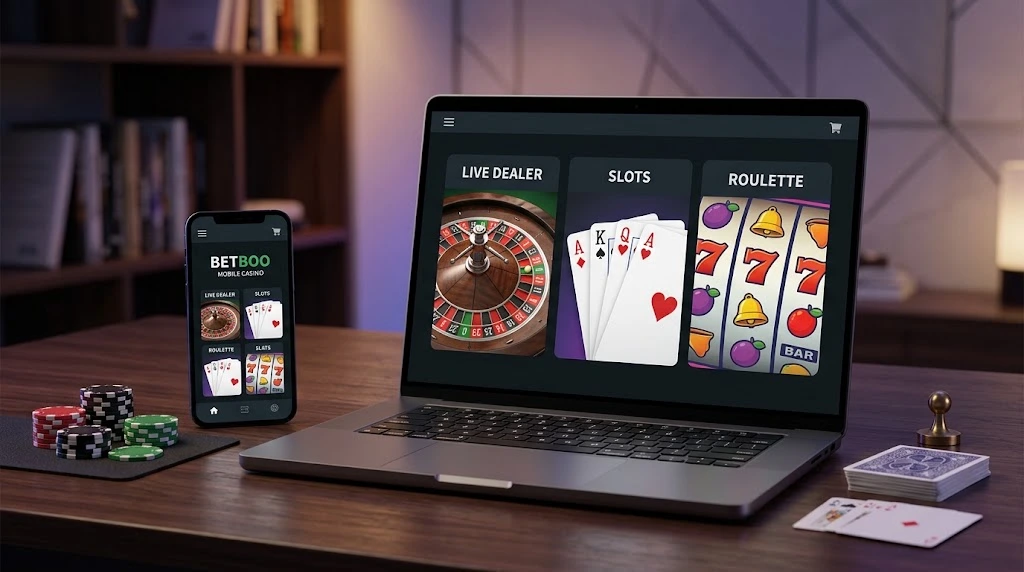Modern online casino interface displayed on a computer and smartphone with roulette and card game elements.