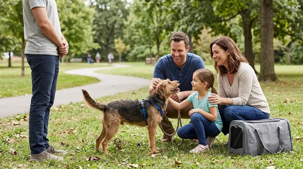 Pet owner meeting a friendly dog while searching for a new companion