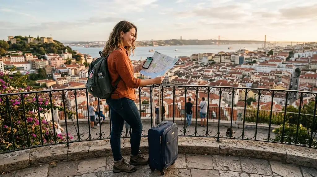 Traveler with backpack and luggage overlooking a scenic destination
