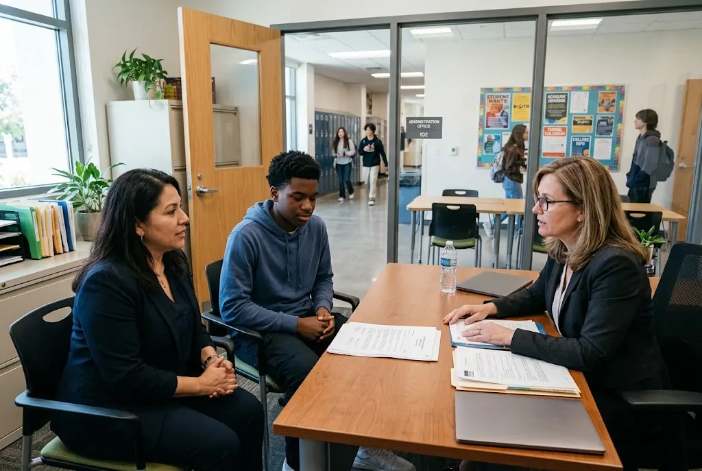Parent, student, and school administrator reviewing a student discipline document in a school office