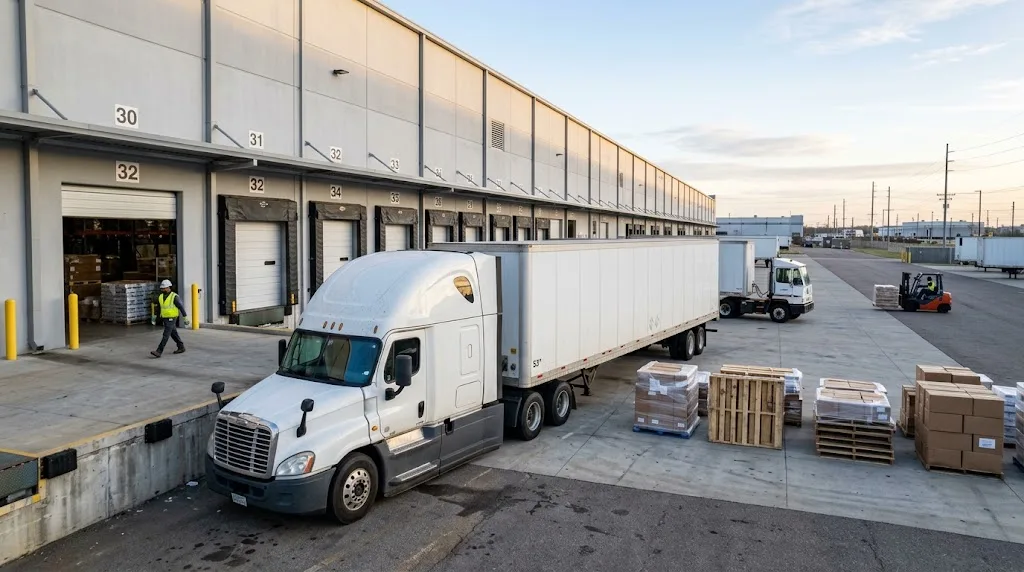 Freight truck positioned outside a modern distribution warehouse with shipping pallets ready for handling.