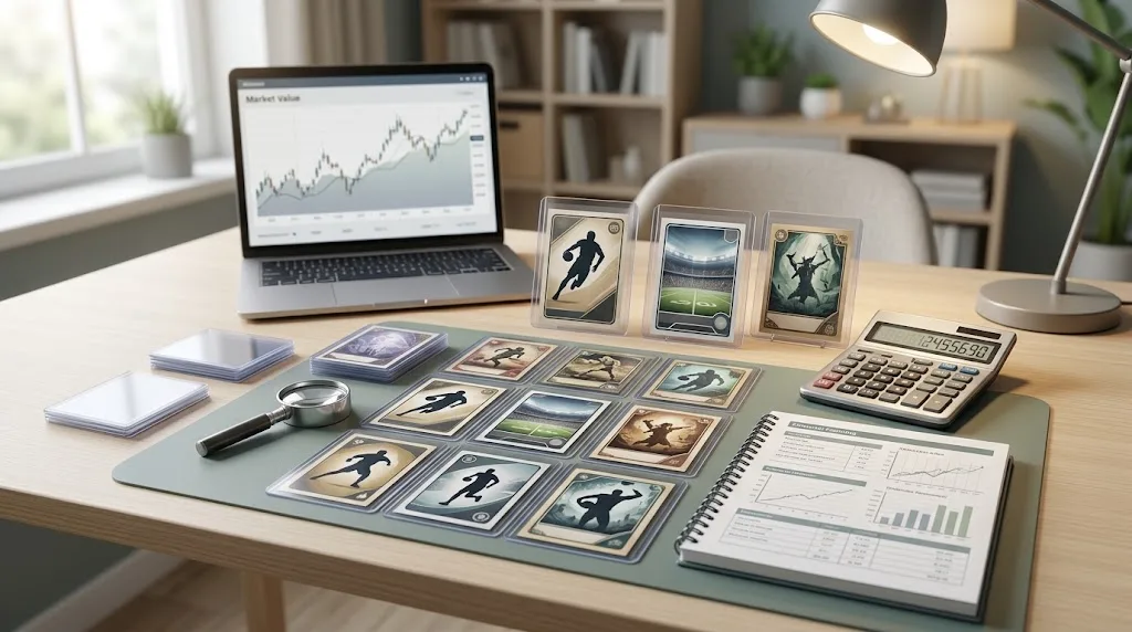 Trading cards arranged beside financial planning tools on a desk