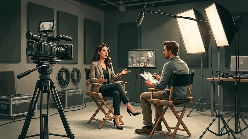 Adult performer speaking with a casting interviewer in a professional video studio