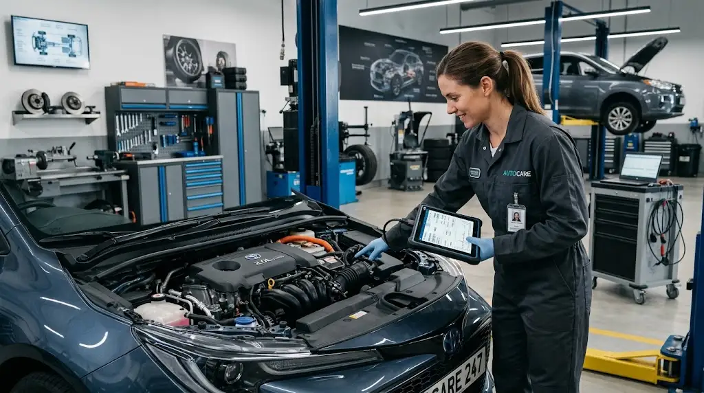 Automotive technician diagnosing a vehicle inside a professional repair workshop