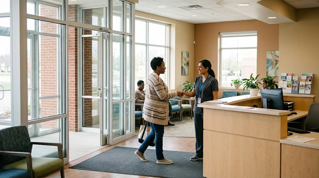 Patient arriving at a welcoming community healthcare clinic in Franklin, Ohio