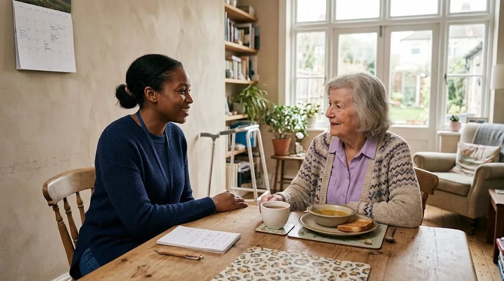 Professional caregiver talking with an older adult at home during a supportive care visit