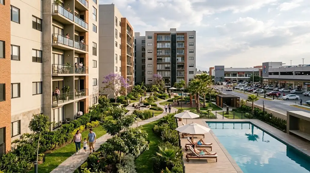 Modern apartment development with pool and landscaped amenities in Coacalco