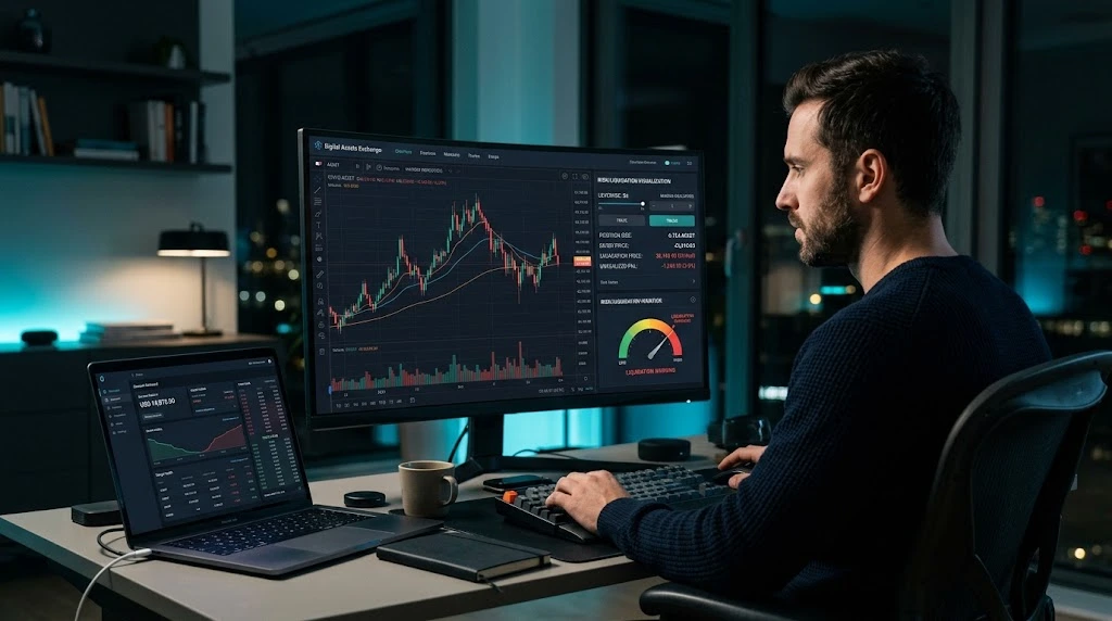 A crypto trader reviewing leveraged positions and risk indicators on a digital trading dashboard