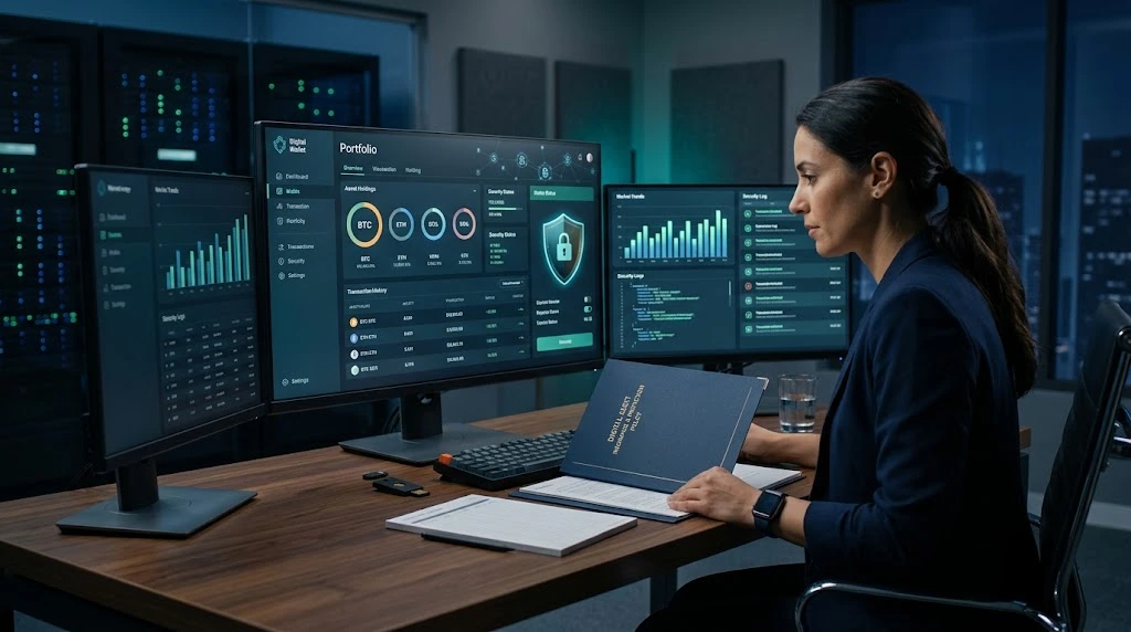Digital asset security dashboard with insurance and cybersecurity protection concepts