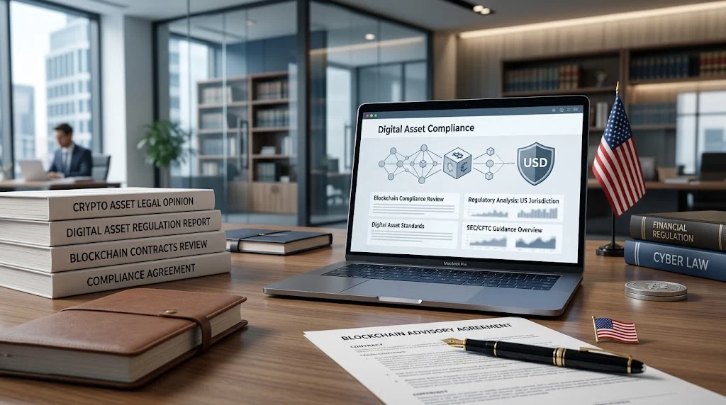 Attorney’s desk with legal documents and a laptop displaying a generic blockchain compliance interface.