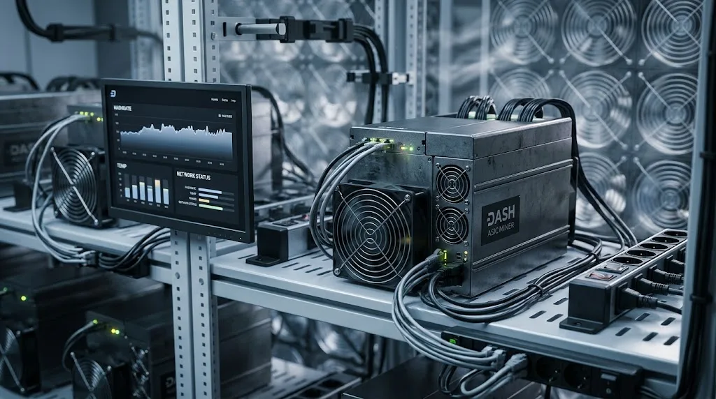 X11 ASIC cryptocurrency mining machine operating beside a generic mining dashboard.