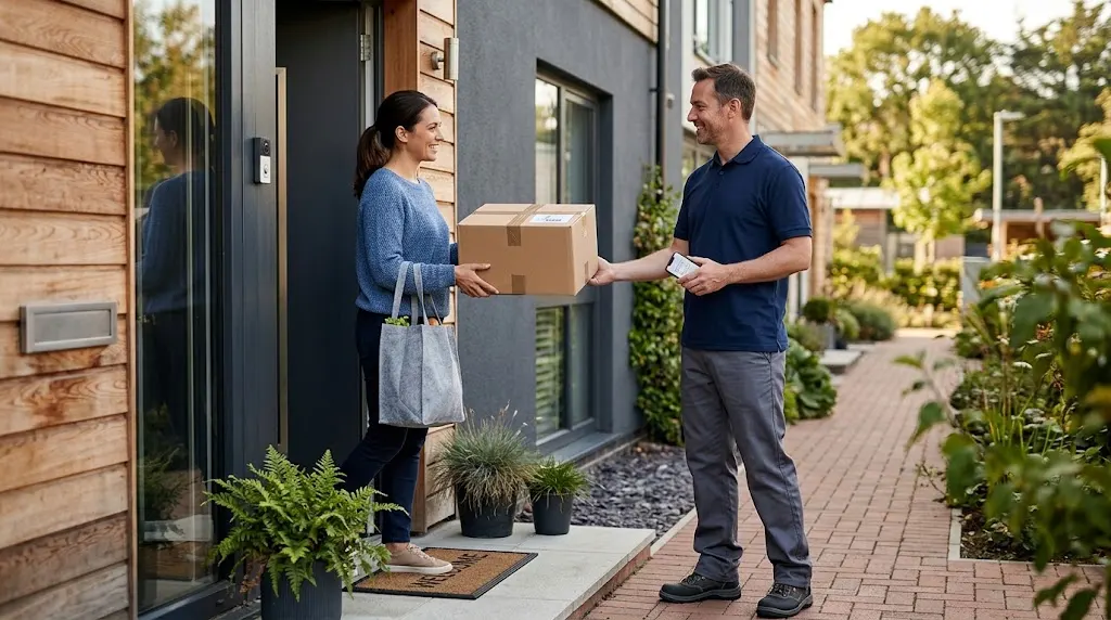 Delivery driver handing a packaged order to a customer at a home entrance