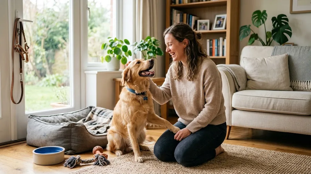 Woman spending quality time with her dog in a bright home with everyday pet-care items