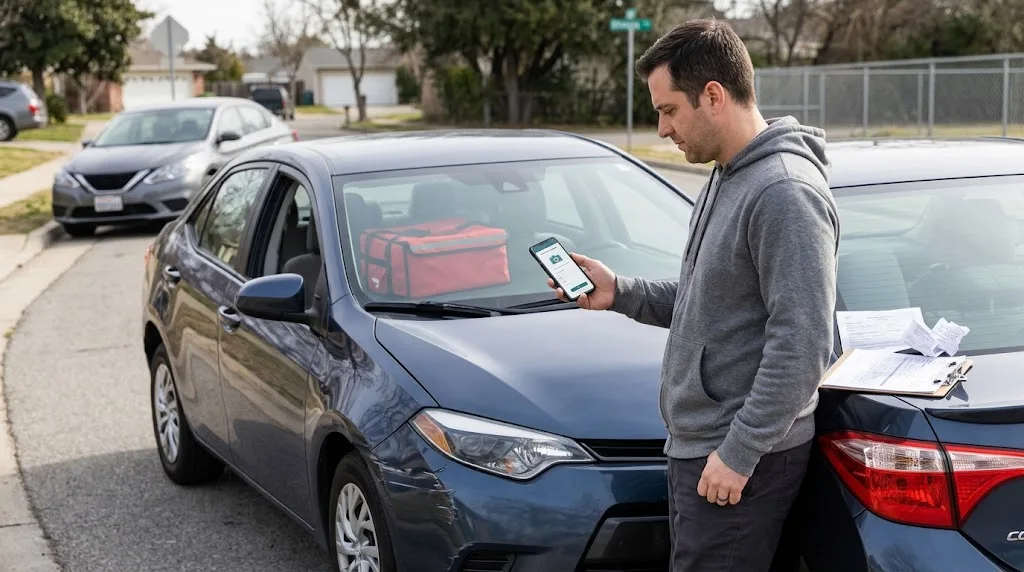 Delivery driver documenting vehicle damage after a minor accident for an insurance claim