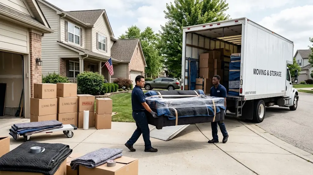 Professional movers carrying household furniture and boxes during a residential relocation
