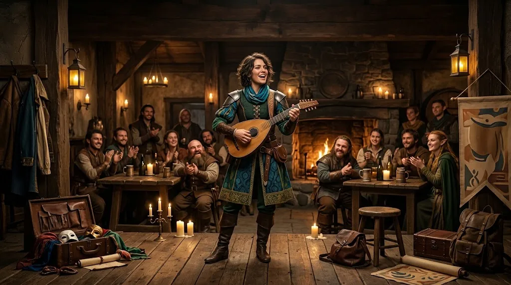 Fantasy entertainer performing with a musical instrument before a tavern audience
