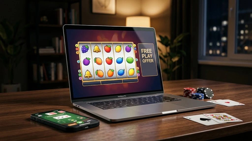 Laptop and smartphone displaying generic online casino games with promotional free-play elements.