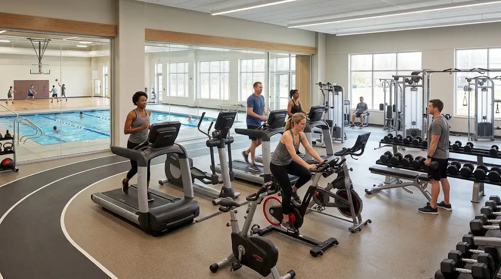Adults exercising in a fitness center with cardio equipment and indoor pool